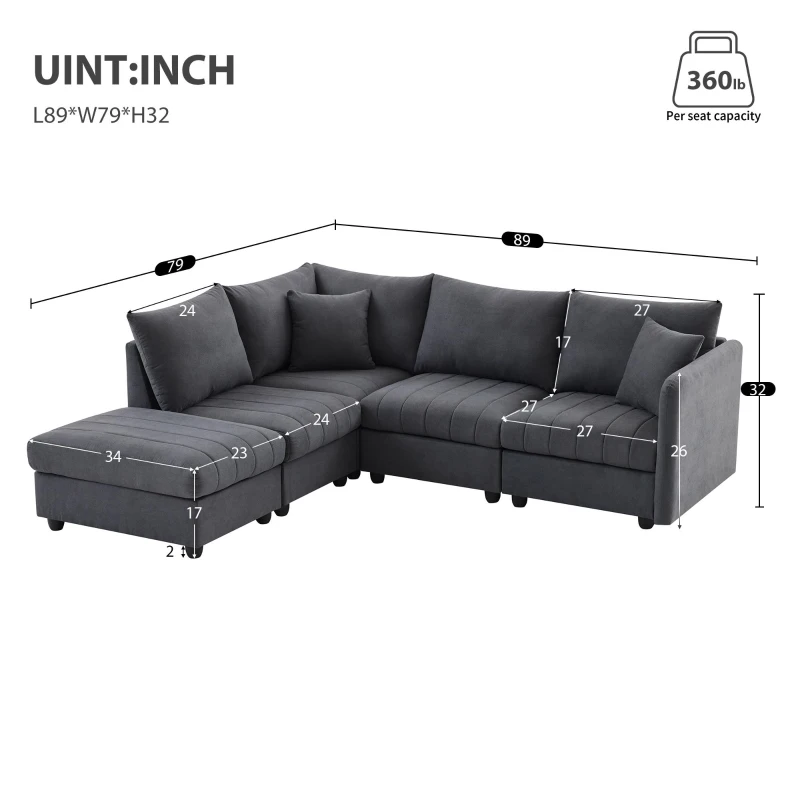 89" x 79" Modern Sectional Sofa with Vertical Stripes and 2 Pillows, 5-Seat Couch with Convertible Ottoman, for Living Room, Dark Gray