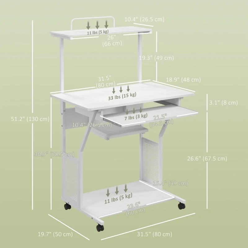 HOMCOM 32" Mobile Computer Table, Rolling Study Desk for Home Office with Keyboard Tray, Storage Shelves, Wheels, White