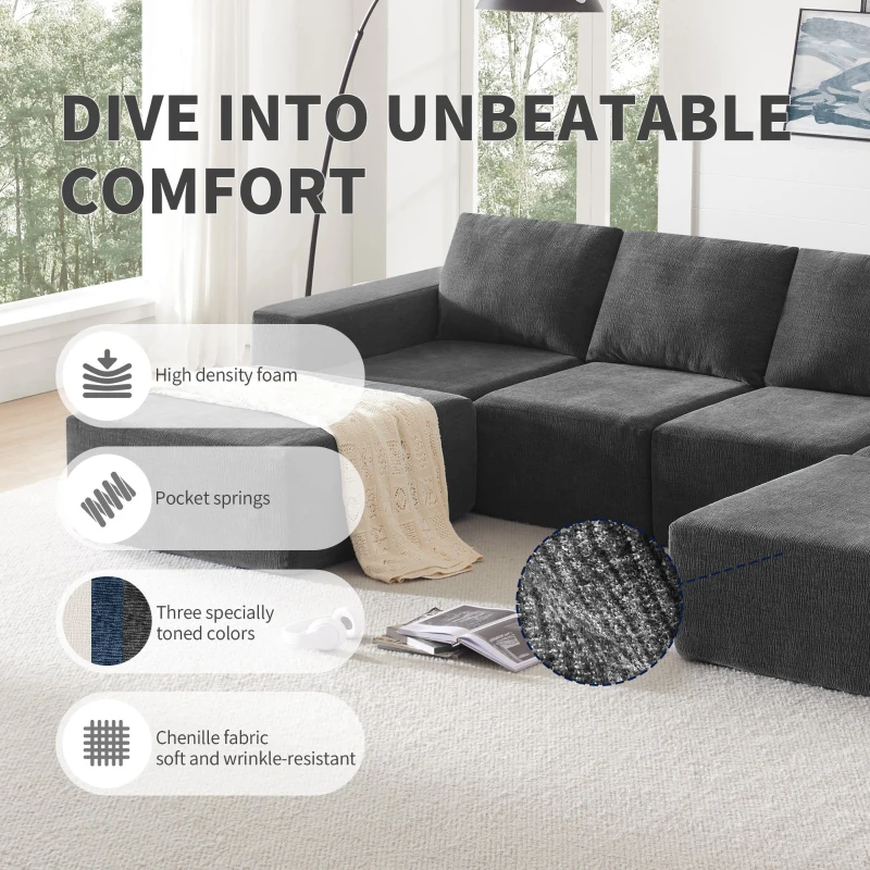 110" x 72" Luxury Chenille Upholstered Floor Couch Set with Foam-Filled, U Shaped Sofa for Living Room, Free Combination, Dark Gray