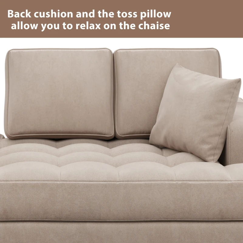 64" Deep Tufted Upholstered Chaise Lounge with Toss Pillow, Textured Fabric, for Living Room or Bedroom, 64″ L x 31.5″ W x 33″ H, Warm Grey