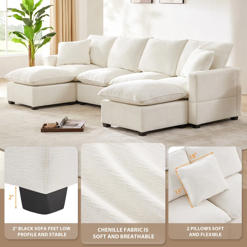 110" Modern U Shape Modular Sofa with 2 Pillows, 6 Seat Chenille Sectional Couch Set, Freely Combinable, 110″ L x 57″ W x 37″ H, White