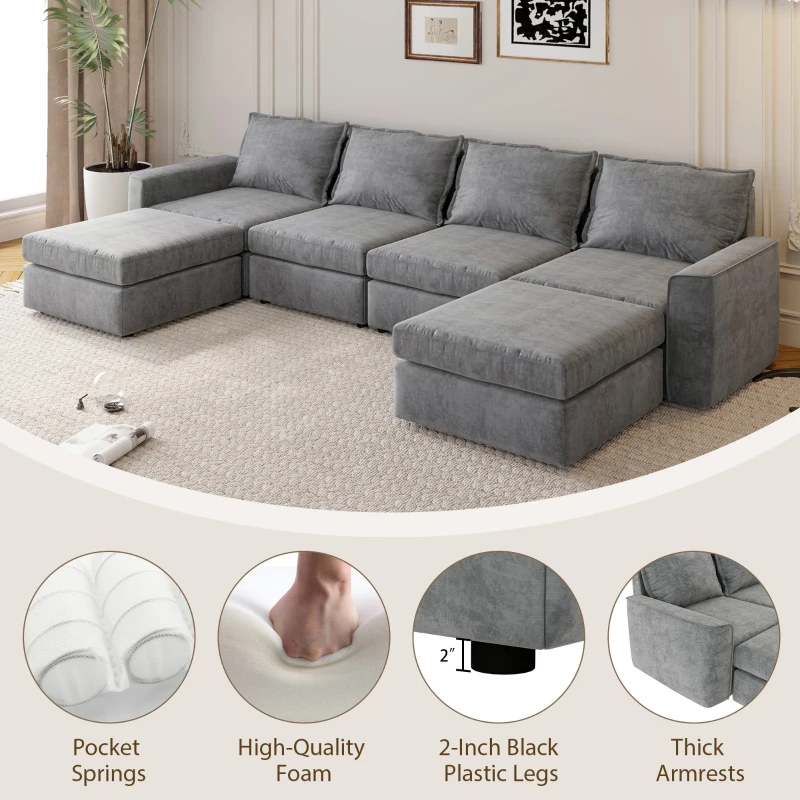 115" Chenille Modular Sectional 6-Seat Sleeper Sofa with Ottoman, U-Shaped Reversible Couch, for Living Room, 115″ L x 58″ W x 32″ H, Gray