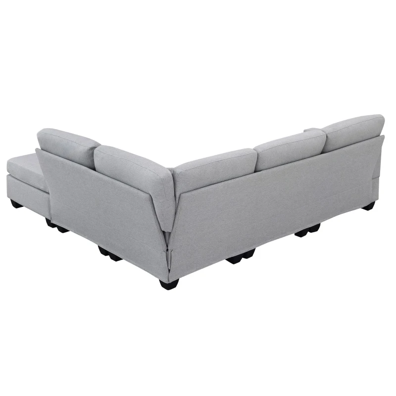 90" Modern L-Shape 5-Seat Sectional Sofa Set with Convertible Ottoman and 2 Pillows, Linen Fabric Couch, 90″ L x 60″ W x 32″ H, Grey
