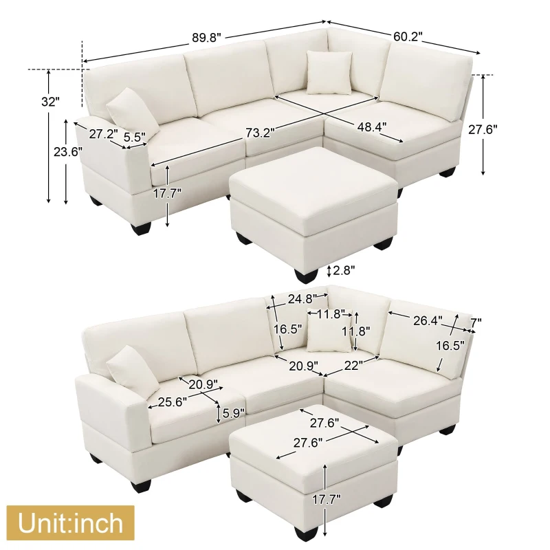 90" Modern L-Shape 5-Seat Sectional Sofa Set with Convertible Ottoman and 2 Pillows, Linen Fabric Couch, 90″ L x 60″ W x 32″ H, Beige