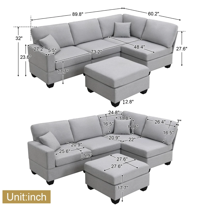 90" Modern L-Shape 5-Seat Sectional Sofa Set with Convertible Ottoman and 2 Pillows, Linen Fabric Couch, 90″ L x 60″ W x 32″ H, Grey