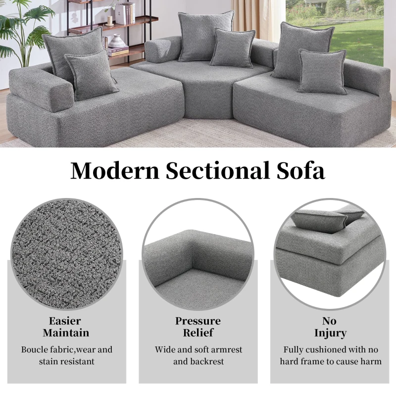 Oversized Modular L Shaped Sectional Sofa with 3-Piece Free Combination, Convertible Couch for Living Room, 103.5" L x 95.5" W x 24.5" H, Gray