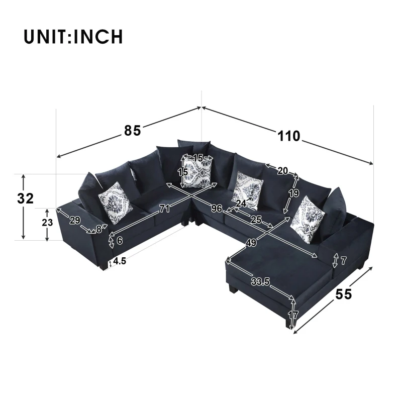 110" x 85" Modern U-Shape Velvet Corner Sectional Sofa with Lots of Pillows, Elegant and Functional Indoor Furniture, for Living Room, Black