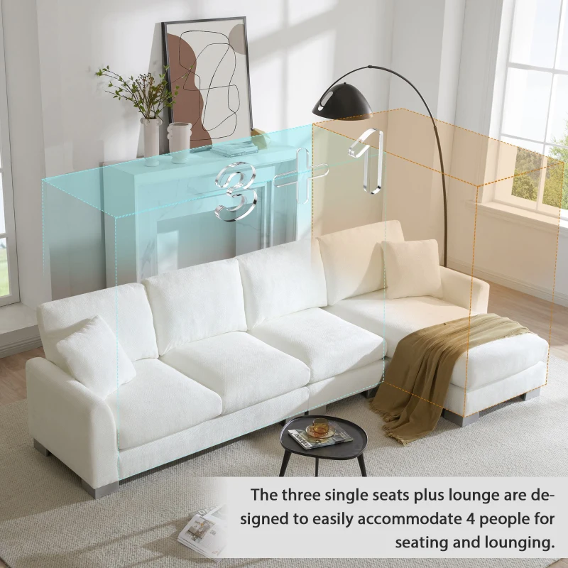 119" x 55" Modern Oversized Sectional Sofa with 2 Free Pillows and Chaise, L-Shaped 5-Seat Chenille Indoor Furniture for Living Room, White