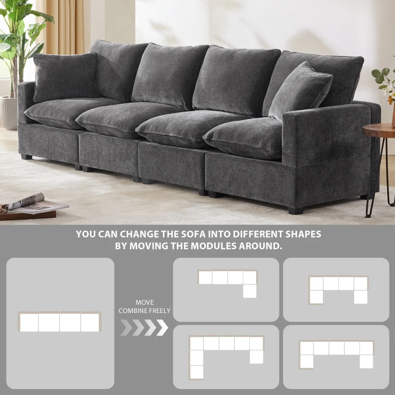 110" Modern 4-Seat Chenille Modular Sofa Set with 2 Pillows, Freely Combinable, for Living Room, 110″ L x 29″ W x 37″ H, Black+Gray