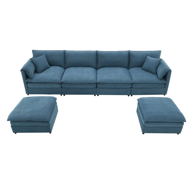 134" Chenille Modular Sectional 6 Seat Sleeper Sofa Bed with Ottomans, Double Cushions, for Living Room, 134″ L x 66″ W x 35″ H, Blue