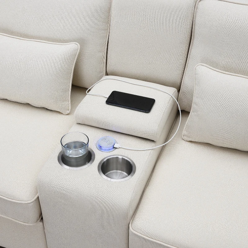 114.5" Modern Linen Fabric Upholstered Sofa with Console, 2 Cupholders, USB Ports, 4 Pillows, 4-Seat, 114.5″ L x 33″ W x 35″ H, Beige