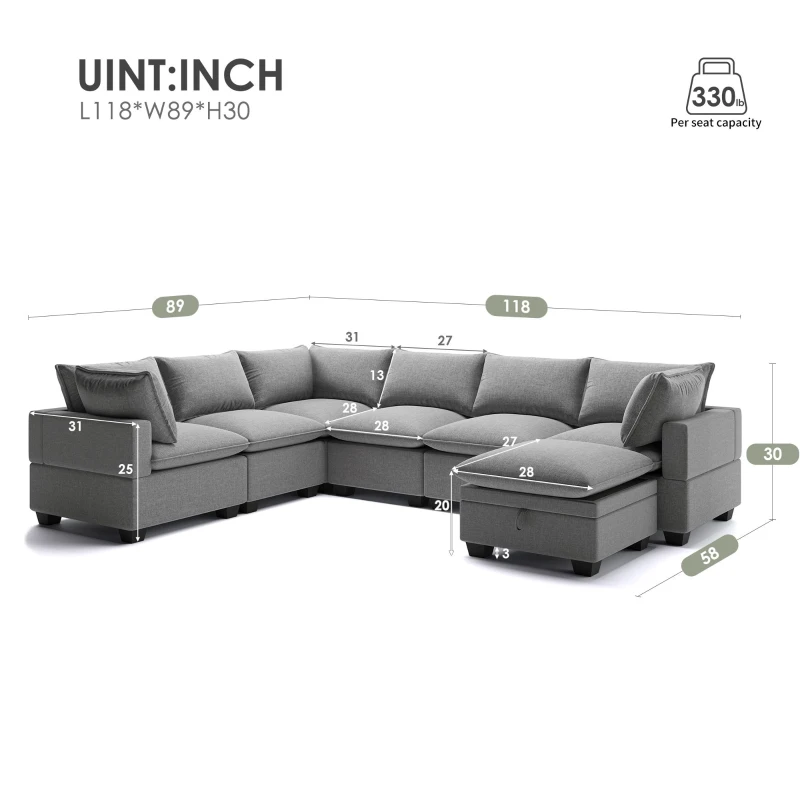 120" x 93" Modern U-Shape Modular Sofa with Storage Ottoman and 2 Pillows, 7-Seat Freely Combinable Furniture for Living Room, Gray