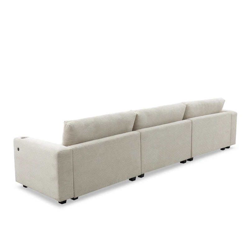 Oversized Corduroy Sectional Sofa with USB Charging Port and Cup Holder, Deep Seat Sofa Bed with 50" Chaise, 134″ L x 54″ W x 25″ H, Beige