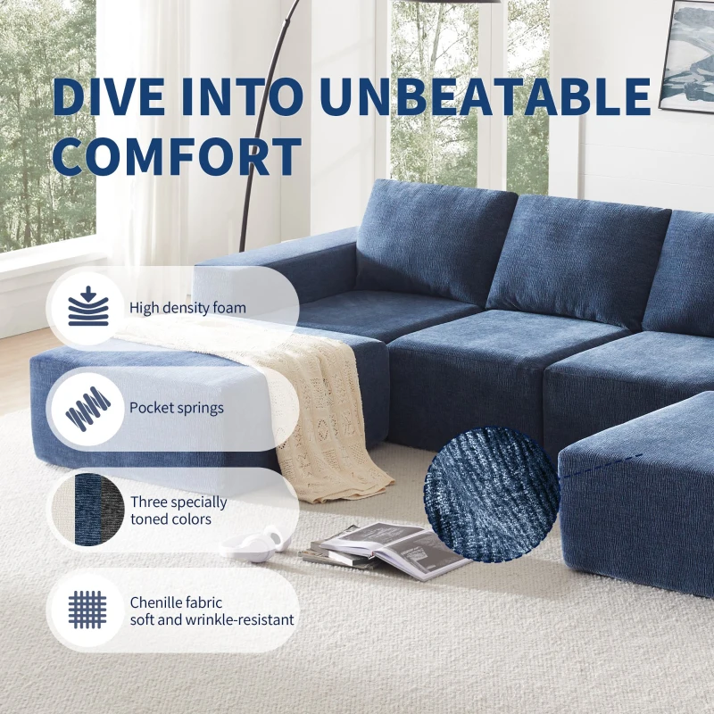 110" x 72" Luxury Chenille Upholstered Floor Couch Set with Foam-Filled, U Shaped Sofa for Living Room, Free Combination, Navy