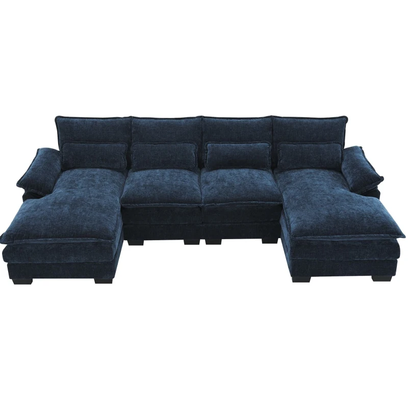 Modern U-Shaped 6-Seat Sectional Sofa with Chaise Lounge, Upholstered Sleeper Couch with Waist Pillows, 110″ L x 55″ W x 33″ H, Blue