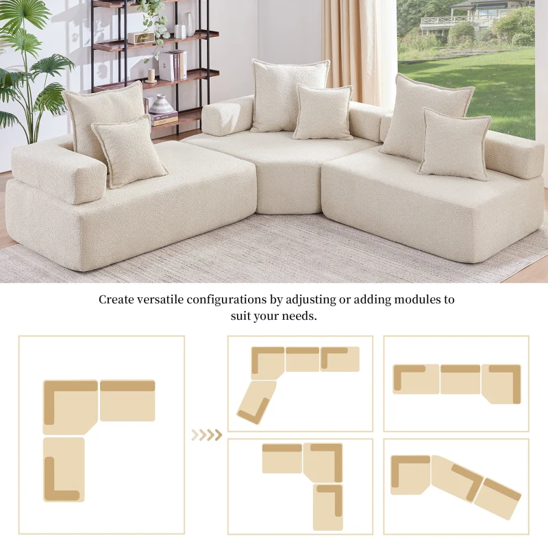 Oversized Modular L Shaped Sectional Sofa with 3-Piece Free Combination, Convertible Couch for Living Room, 103.5" L x 95.5" W x 24.5" H, Beige