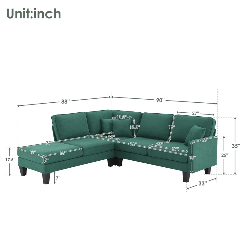 Modern 5-Seat L-Shape Sectional Sofa Set with Chaise Lounge and 3 Pillows, Terrycloth Fabric, 90″ L x 88″ W x 35″ H, Green