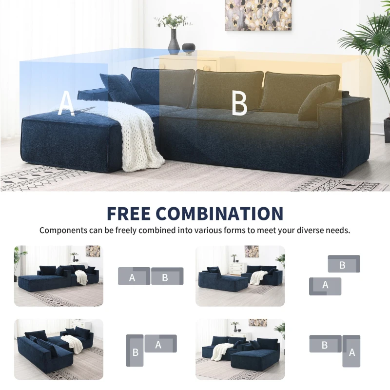 Minimalist Modular Sectional Sofa, Wrinkle-Resistant Chenille, L-Shaped Sleeper, No Assembly Required, 111.5" L x 72" W x 32" H, Dark Blue