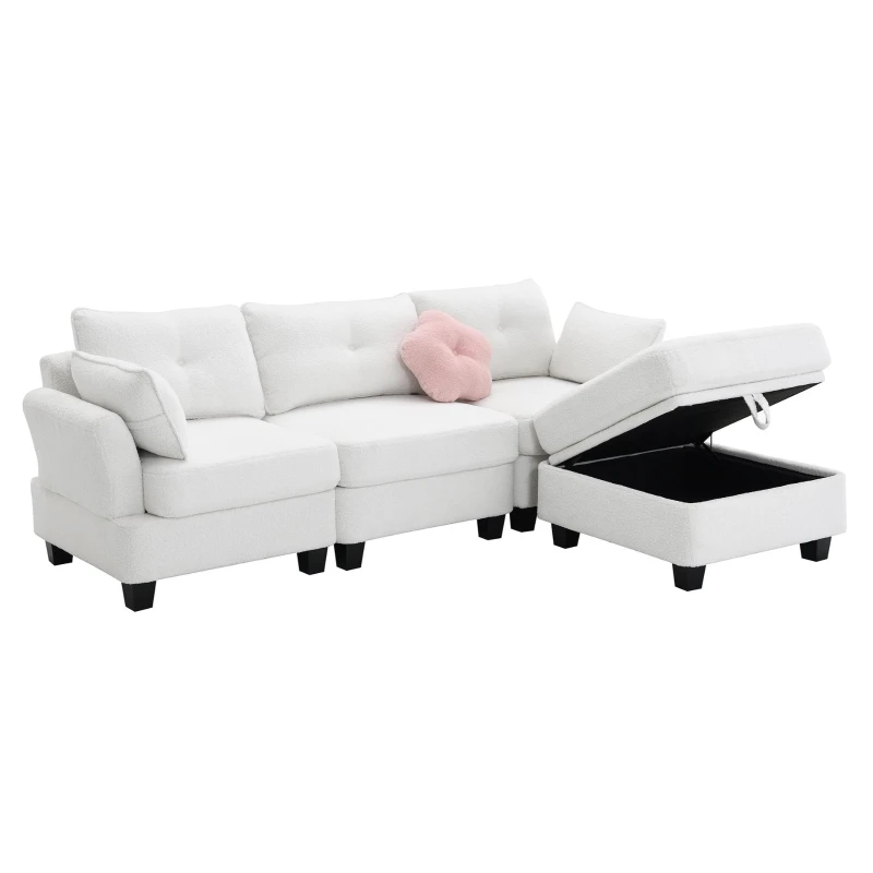 92" x 63" Modern L-Shaped Teddy Velvet Sectional Sofa with Charging Ports, Storage Ottoman and 3 Pillows, for Living Room, Beige