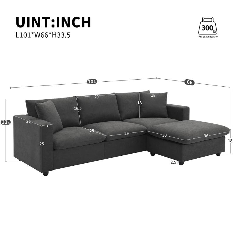 Modern L-Shaped 4-Seat Polyester Fabric Sectional Sofa Set with Convertible Ottoman and 2 Free Pillows, for Living Room, Dawn Gray
