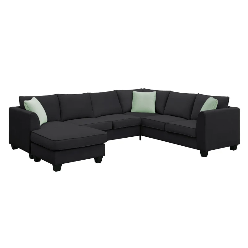 112" x 87" 7-Seater Modular Sofa with Ottoman and 3 Pillows, L-Shaped Fabric Couch Set, Modern Living Room Furniture, Black