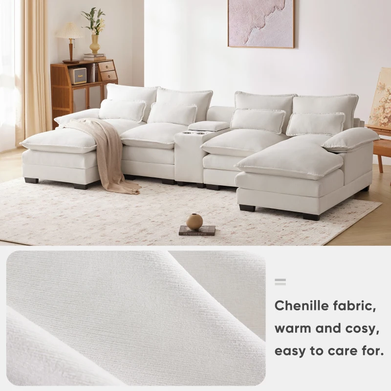 123" Modern U-Shaped 6-Seat Upholstered Sleeper Sofa Set with Console, Cupholders, USB Ports, and Chaise, 123″ L x 55″ W x 33″ H, White