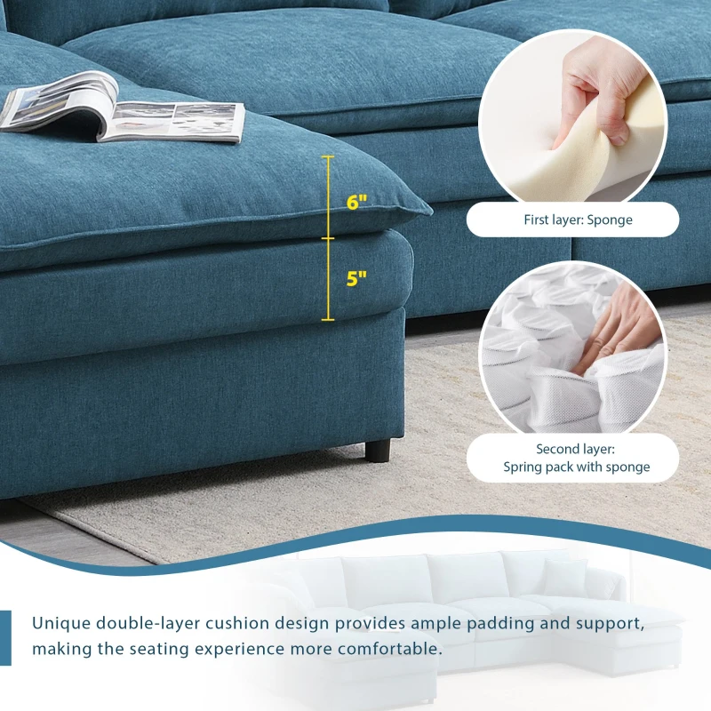 134" Chenille Modular Sectional 6 Seat Sleeper Sofa Bed with Ottomans, Double Cushions, for Living Room, 134″ L x 66″ W x 35″ H, Blue