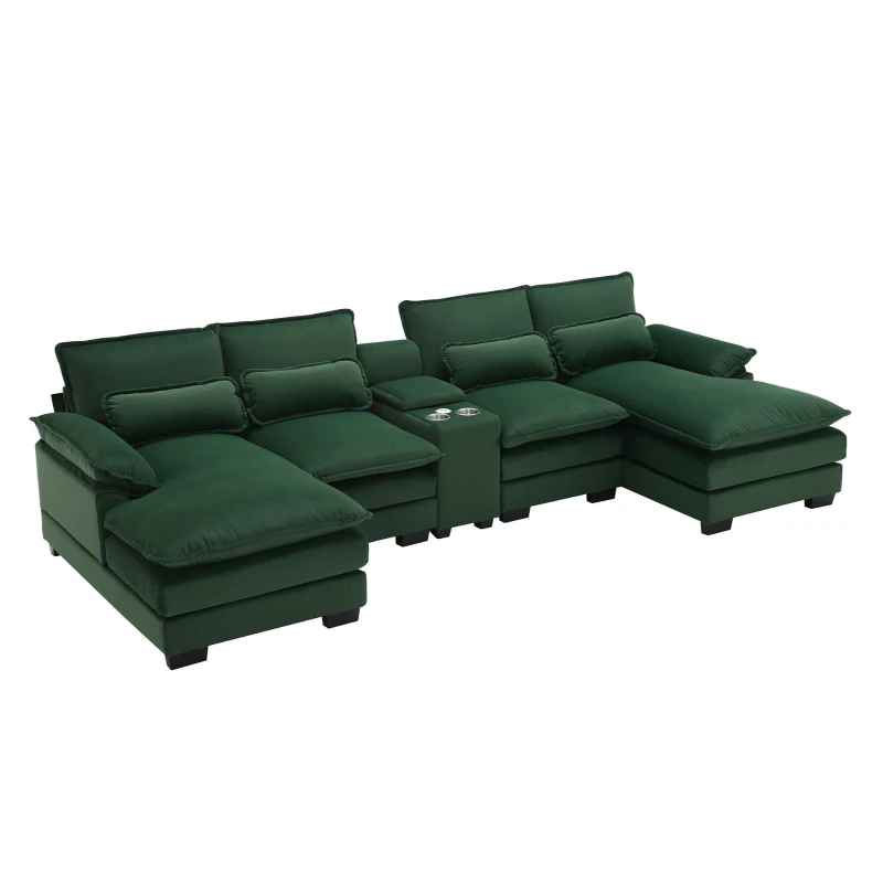 123" Modern U-Shaped 6-Seat Upholstered Sleeper Sofa Set with Console, Cupholders, USB Ports, and Chaise, 123″ L x 55″ W x 33″ H, Green