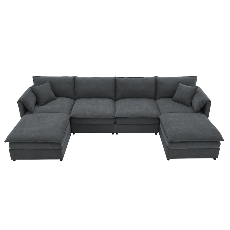 134" Chenille Modular Sectional 6 Seat Sleeper Sofa Bed with Ottomans, Double Cushions, for Living Room, 134″ L x 66″ W x 35″ H, Dark Gray
