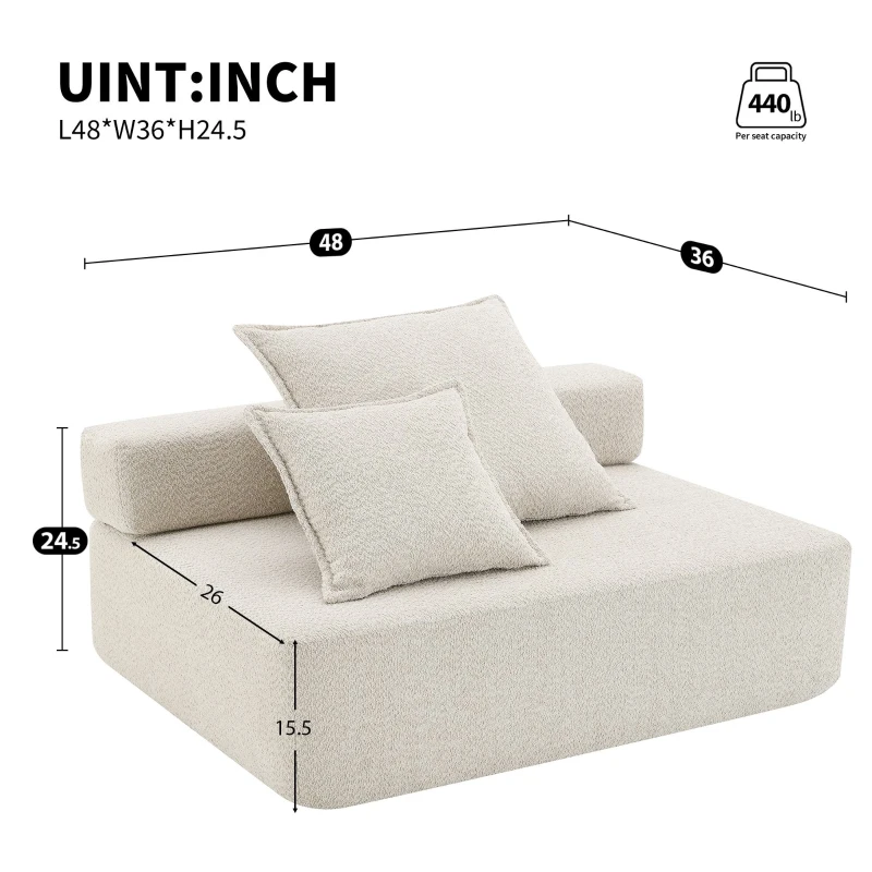 Loveseat Frame for Oversized Modular U Shaped Sectional Sofa, Spacious Foam-Filled Sofa Bed for Living Room, 48" L x 36" W x 24.5" H, Beige
