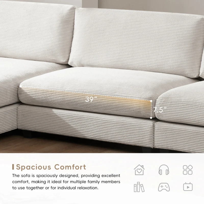 Oversized Corduroy Sectional Sofa with USB Charging Port and Cup Holder, Deep Seat Sofa Bed with 50" Chaise, 134″ L x 54″ W x 25″ H, Beige