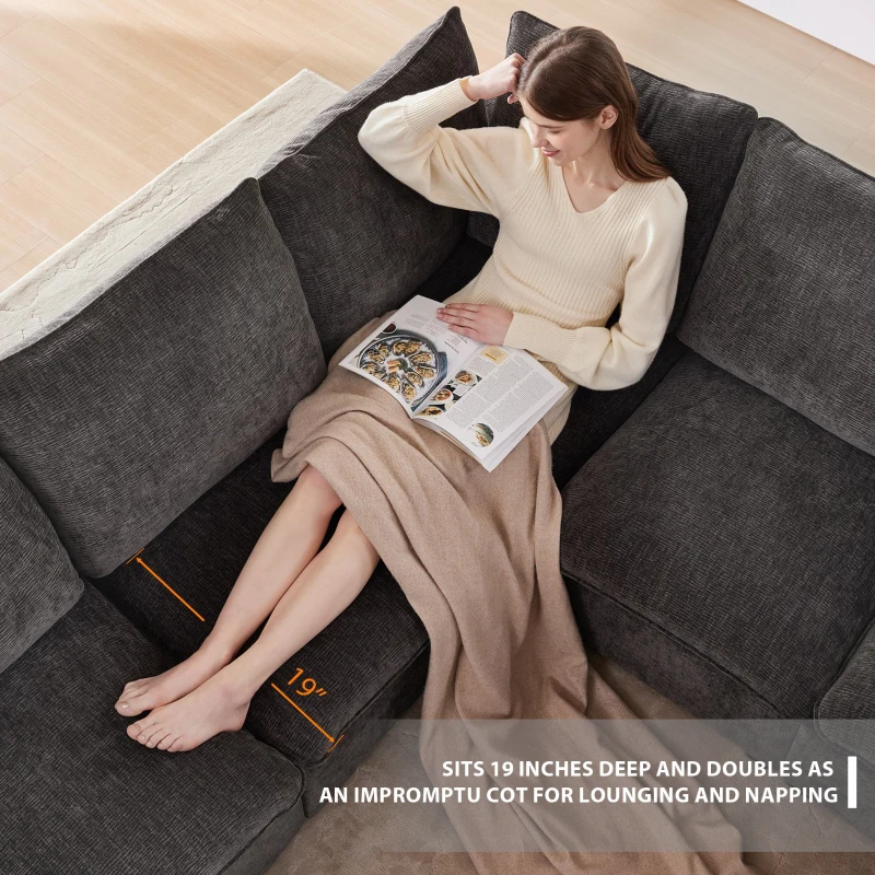 110" Modern 4-Seat Chenille Modular Sofa Set with 2 Pillows, Freely Combinable, for Living Room, 110″ L x 29″ W x 37″ H, Black+Gray