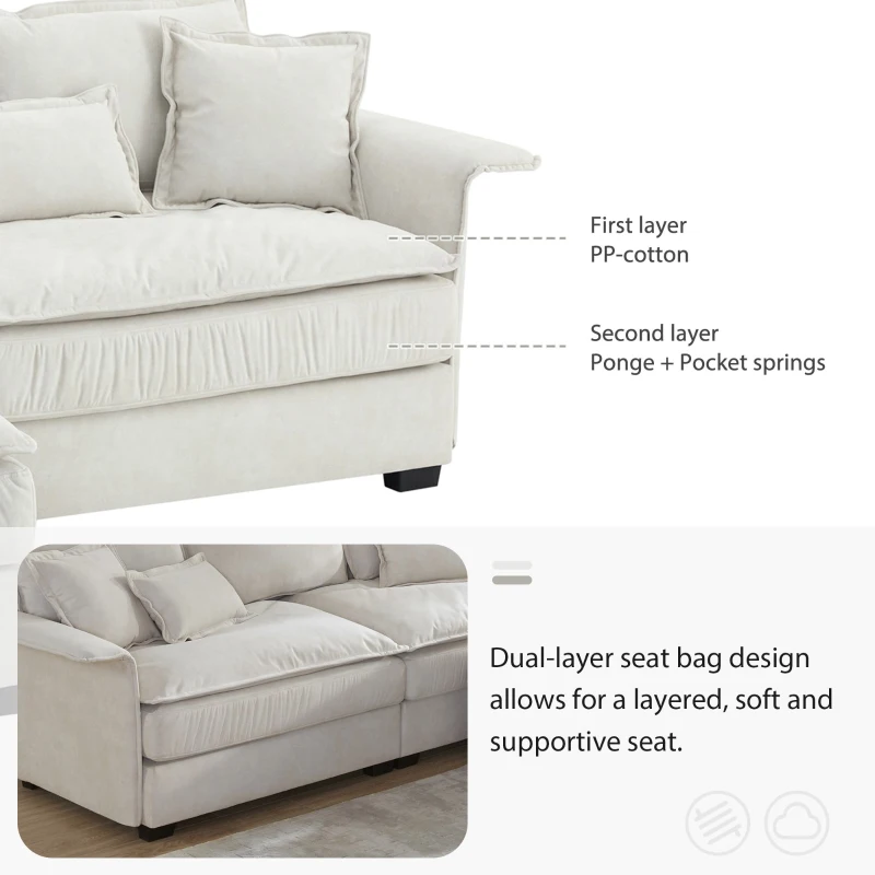 Oversized Luxury Sectional Sofa with Bentwood Armrests, Double Cushions, Ottoman, 4-Seat, L Shape Couch for Living Room, Beige