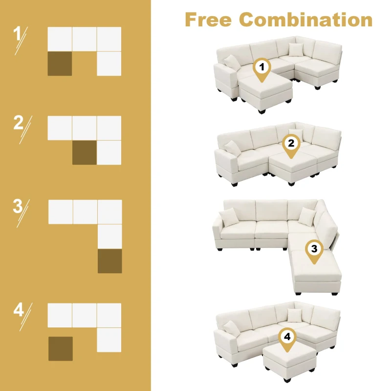 90" Modern L-Shape 5-Seat Sectional Sofa Set with Convertible Ottoman and 2 Pillows, Linen Fabric Couch, 90″ L x 60″ W x 32″ H, Beige