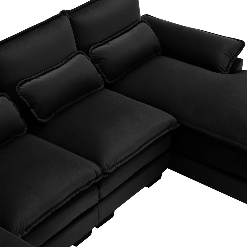 Modern U-Shaped 6-Seat Sectional Sofa with Chaise Lounge, Upholstered Sleeper Couch with Waist Pillows, 110″ L x 55″ W x 33″ H, Black