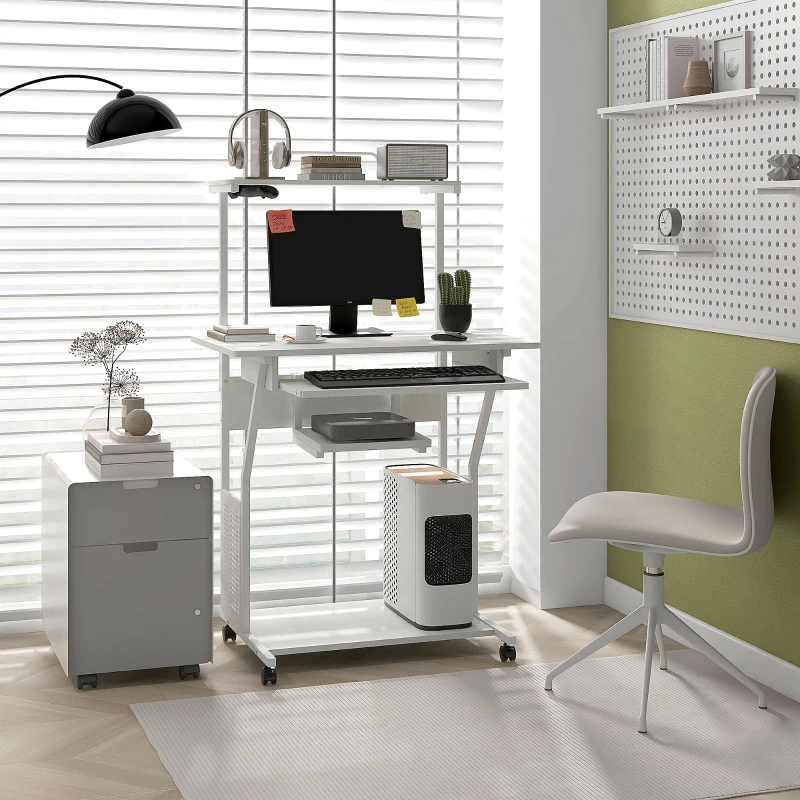 HOMCOM 32" Mobile Computer Table, Rolling Study Desk for Home Office with Keyboard Tray, Storage Shelves, Wheels, White