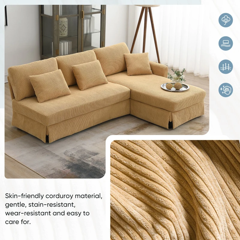 87" x 61" Modern L-Shaped Corduroy Sofa with Reversible Chaise, 4-Seat, Couch with Pillows for Living Room, 87″ L x 61″ W x 33″ H, Yellow