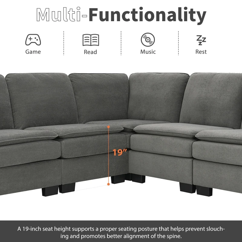 89" L-Shaped Upholstered Indoor Furniture with Double Cushions, 5-Seat Cloud Corner Couch for Living Room, 89″ L x 89″ W x 34″ H, Gray