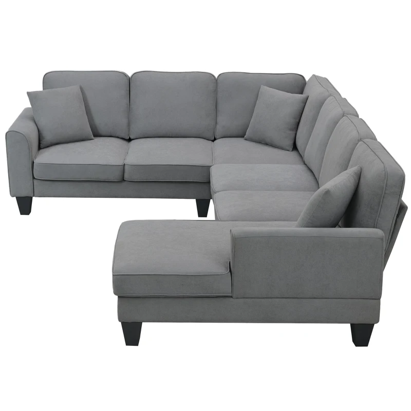 108" Modern U-Shaped 7-Seat Fabric Sectional Sofa Set with 3 Pillows, for Living Room, Apartment, 108″ L x 85.5″ W x 33.5″ H, Dark Grey
