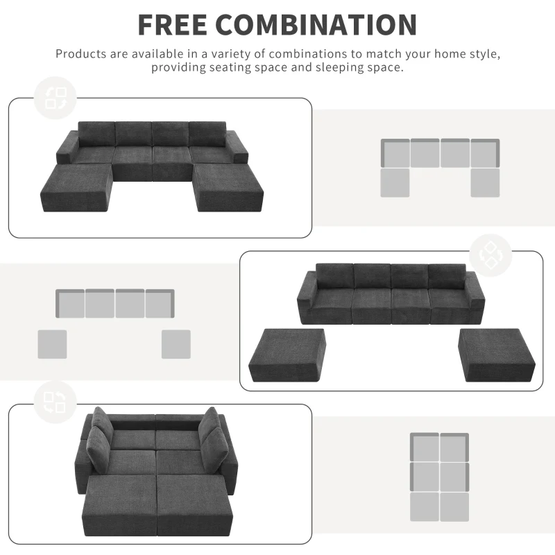 110" x 72" Luxury Chenille Upholstered Floor Couch Set with Foam-Filled, U Shaped Sofa for Living Room, Free Combination, Dark Gray