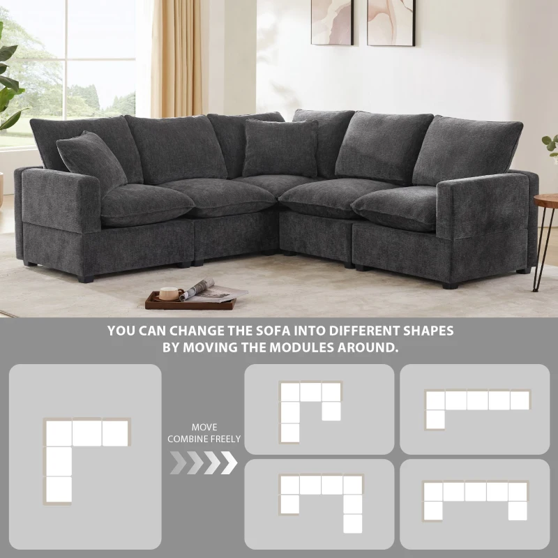 84" x 84" Modern L Shape Modular Sofa with 2 Pillows, 5 Seat Chenille Sectional Couch Set, for Living Room, 84″ L x 84″ W x 37″ H, Black+Gray