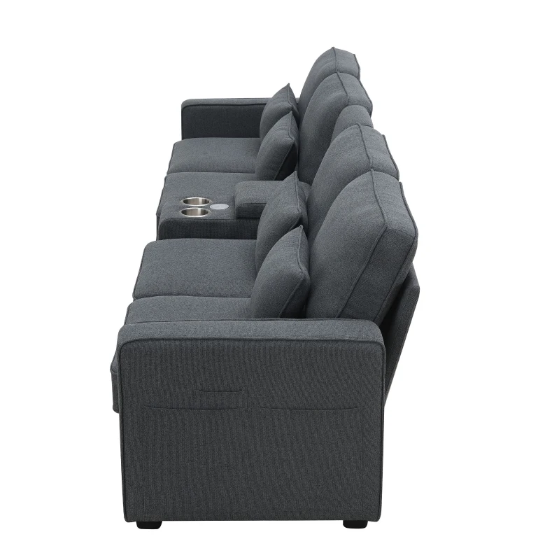 114.5" Modern Linen Fabric Upholstered Sofa with Console, 2 Cupholders, USB Ports, 4 Pillows, 4-Seat, 114.5″ L x 33″ W x 35″ H, Dark Gray