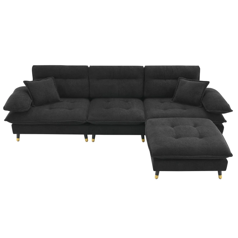 106" L-Shaped Convertible Tufted Sectional Sofa with 4-Seat, Adjustable Legs, Movable Ottoman for Living Room, 106″ L x 66.5″ W x 34″ H, Black