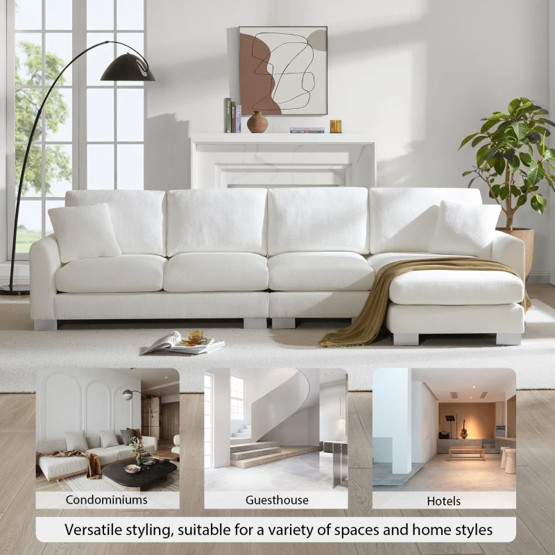 119" x 55" Modern Oversized Sectional Sofa with 2 Free Pillows and Chaise, L-Shaped 5-Seat Chenille Indoor Furniture for Living Room, White