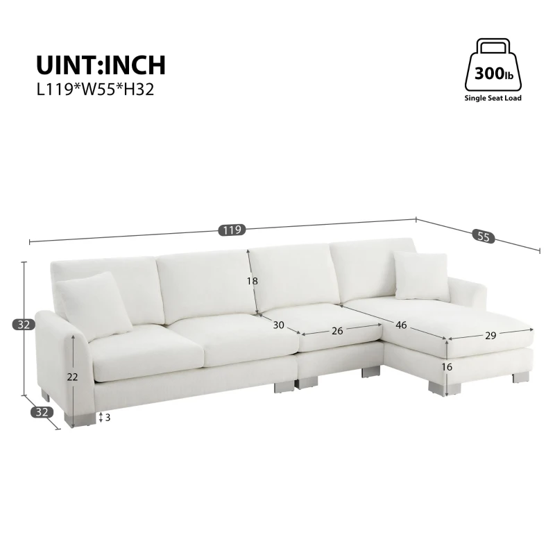 119" x 55" Modern Oversized Sectional Sofa with 2 Free Pillows and Chaise, L-Shaped 5-Seat Chenille Indoor Furniture for Living Room, White