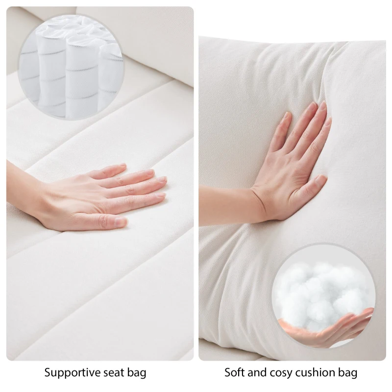 89" x 79" Modern Sectional Sofa with Vertical Stripes and 2 Pillows, 5-Seat Couch with Convertible Ottoman, for Living Room, White