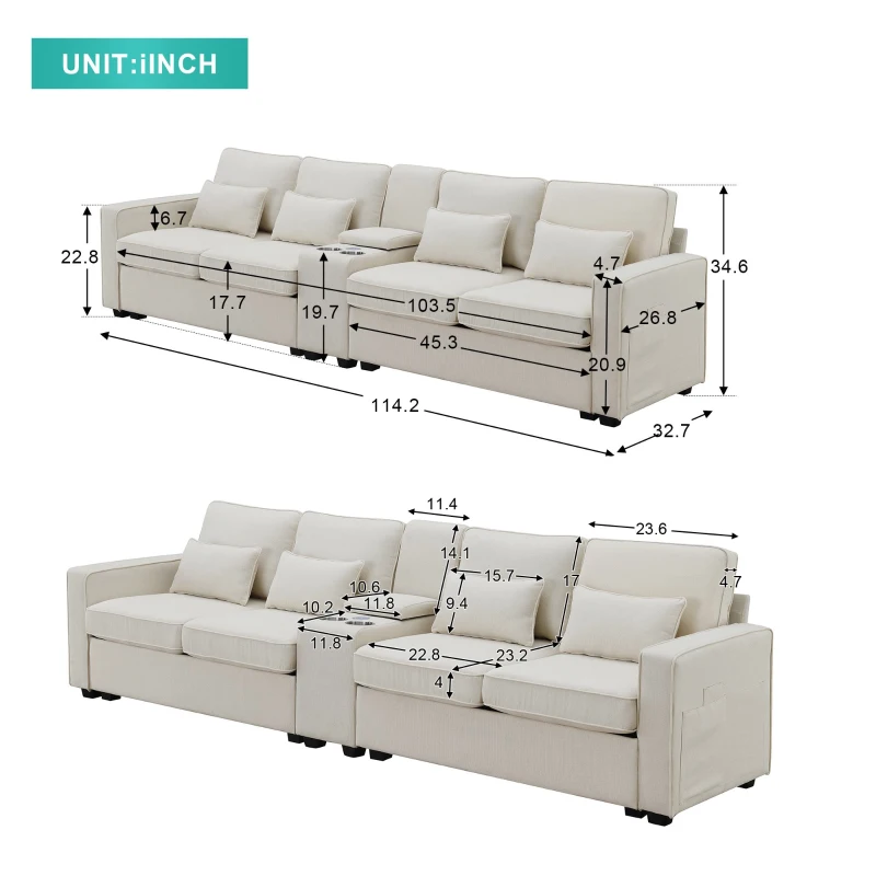 114.5" Modern Linen Fabric Upholstered Sofa with Console, 2 Cupholders, USB Ports, 4 Pillows, 4-Seat, 114.5″ L x 33″ W x 35″ H, Beige