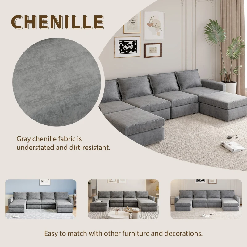 115" Chenille Modular Sectional 6-Seat Sleeper Sofa with Ottoman, U-Shaped Reversible Couch, for Living Room, 115″ L x 58″ W x 32″ H, Gray