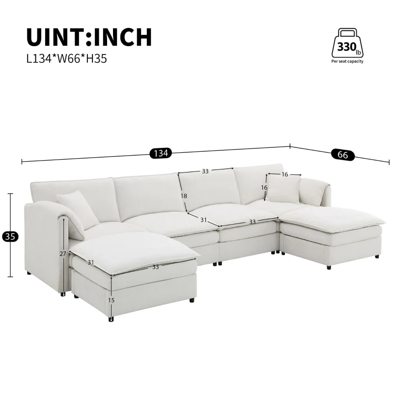 134" Chenille Modular Sectional 6 Seat Sleeper Sofa Bed with Ottomans, Double Cushions, for Living Room, 134″ L x 66″ W x 35″ H, Cream