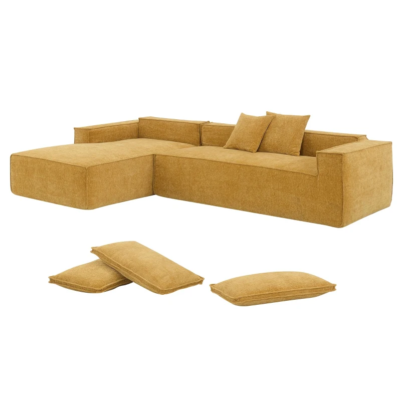 Minimalist Modular Sectional Sofa, Wrinkle-Resistant Chenille, L-Shaped Sleeper, No Assembly Required, 111.5" L x 72" W x 32" H, Yellow